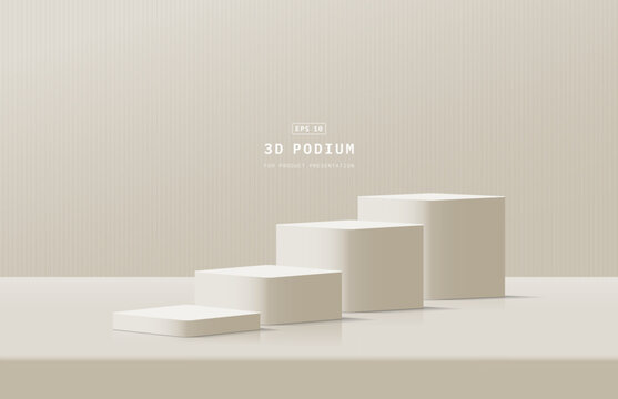 Clean cream studio showroom. Luxury realistic cream 3d cube podium pedestal or product display stand. Cube podium scene for product display presentation. Vector geometric platform. Stage for showcase.