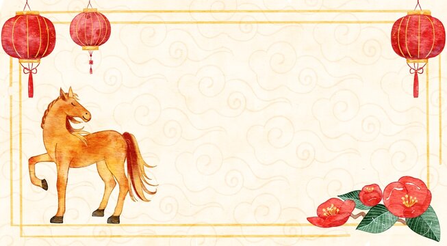Chinese new year background with horse and red lantern. Watercolor illustration for banner.