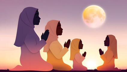 Ramadan Family Unity: Silhouetted Members in Prayer Across Sunset Horizon