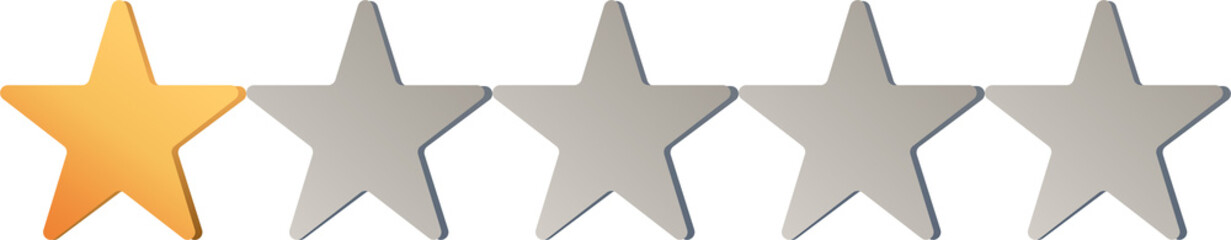 1 Star Rating Icon. Single golden star and four grey stars on white for customer review, quality assessment, or feedback.