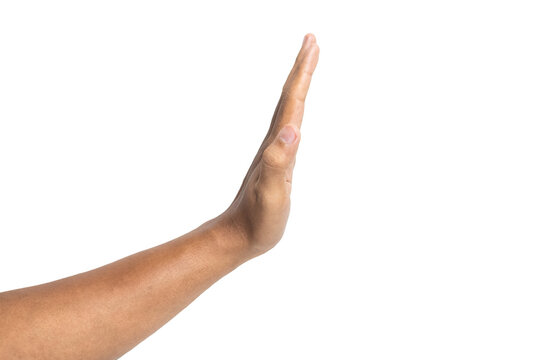 side view of man hand showing stop gesture sign isolated on white background