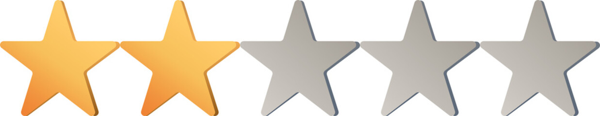 Two Golden Stars out of Five Rating Icon on White. Customer Review, Feedback, and Quality Assessment Concept.