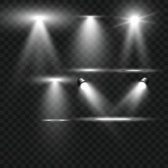 Realistic White Stage Spotlights and Light Beam Effects Set on Transparent Background. Vector
