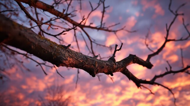 Sunset light shines through tree branches in a natural setting at dusk during late fall