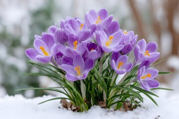 Purple crocus flowers blooming through snow in spring