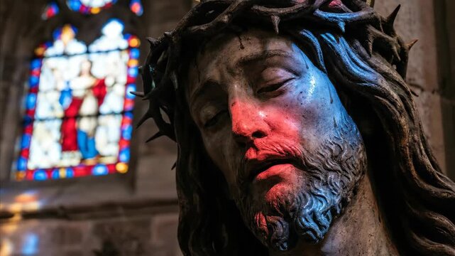 Sculpture of Jesus Christ with a stained glass window. A religious idol for catholics and christians.