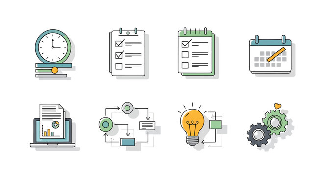 Organized Business Icons Representing Time Management Task Planning Workflow Innovation and Industrial Processes on White Background Flat Design
