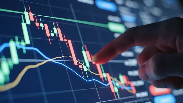 Hand pointing at financial stock market candlestick chart data display