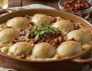 pierogi casserole with ground beef, bacon and cheese