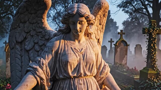 Catholic angel statue in a foggy cemetery with old tombstones and cross motifs for religious memorial concept