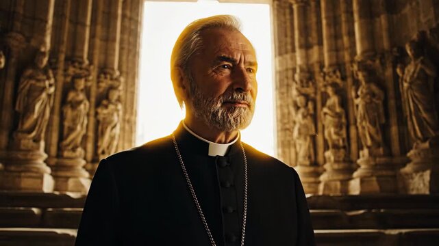 A male bishop in a black cassock standing in a church looking toward a bright window, displaying faith and reflection.