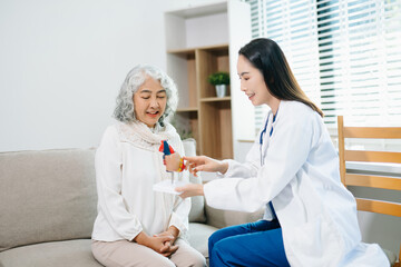 Obraz premium Female doctor explaining heart health with anatomy model to senior woman. Healthcare, cardiology, medical consultation, elderly care, prevention