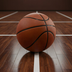 Obraz premium A detailed close-up view shows an orange basketball resting on a polished wooden basketball court floor, suitable for editorial content, sports marketing, or design presentation.
