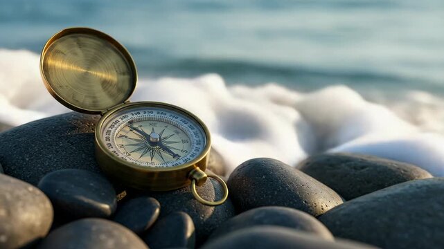 Gold Compass On Black Pebbles By Ocean At Sunset