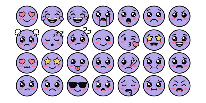 A collection of twenty purple cartoon faces with varied emotional expressions displayed in a grid layout on a white background