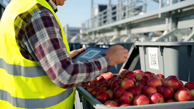 Agricultural worker using digital tablet to track fresh red apple harvest in industrial crates