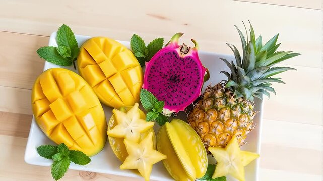 Fresh tropical fruits platter with mango and dragon fruit on wooden table
