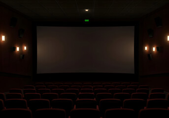 Fototapeta premium Empty movie theater auditorium with dark red seating and illuminated walls. Empty seats await patrons in a darkened cinema.