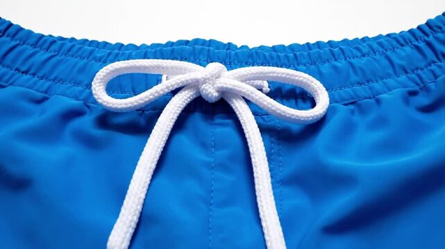 A captivating close-up shot focuses on the vibrant blue fabric of a pair of swim shorts, neatly featuring a crisp white drawstring tied in an elegant bow at the waist. The detailed texture of the elas