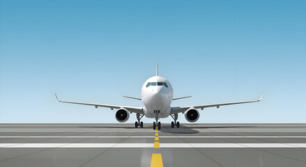 Naklejka premium White passenger jet on airport tarmac, stationary with clear blue sky background. Commercial airplane positioned on runway for potential departure or arrival.