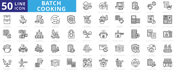batch cooking icon pack outline contains quick reheating, make ahead meal, reusable bags, ingredient list, minimal waste, multi-meal prep, budget-friendly, healthy option, prep station, ready to eat