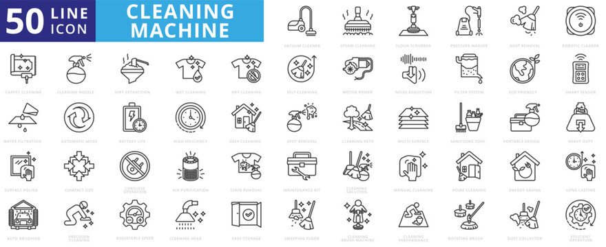 cleaning machine icon pack contains efficient operation, dust collector, multi surface, pressure, washer, portable design, heavy duty, eco-friendly, noise reduction, efficient operation, motor power