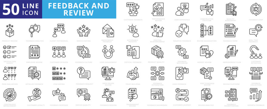feedback and review icon pack outline contains constructive criticism, trust building, peer evaluation, post purchase, actionable insights, positive reinforcement, client testimonial