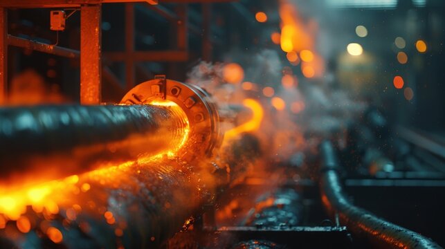 Glowing metal pipe being heated in an industrial setting, sparks and steam visible