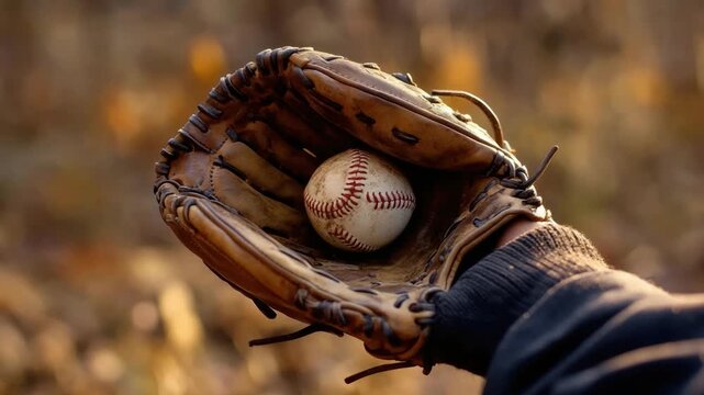 A leather mitt catches a baseball, held by a person in a dark sleeve, set against a blurred background