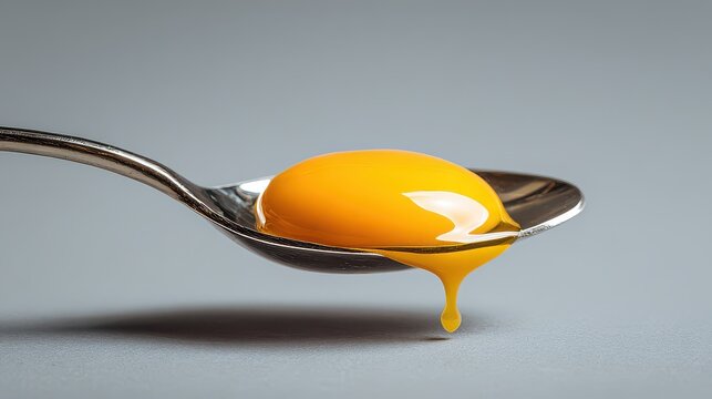 Spoon holds a single egg yolk that drips slowly, displaying fresh and bright color on a gray surface
