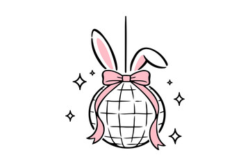 Easter clipart cute pink bunny ears disco ball decoration with bow and sparkles