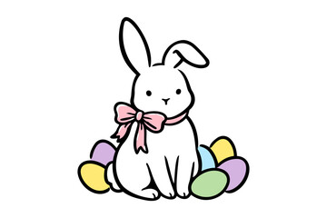 Obraz premium Easter clipart cute white bunny with pink bow sitting among colorful easter eggs, simple line art illustration