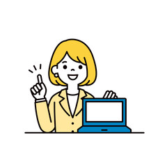 パソコンの画面を見せてアドバイスする、若い女性社員のシンプルな上半身ベクターイラスト素材
