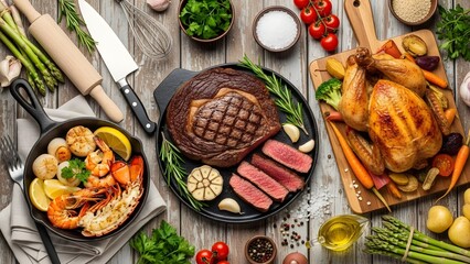 Gourmet feast with assorted meats and vegetables