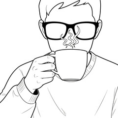 Man Wearing Glasses Drinking Hot Coffee From Mug with Steam Rising