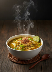 Steaming Bowl of Chicken Noodle Soup with Lime and Crispy Shallots on Wooden Table
