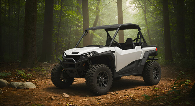 White utility vehicle parked on a forest trail. A modern, off-road vehicle with large tires is positioned in a scenic woodland setting.