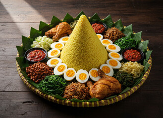 Nasi Tumpeng Indonesian Yellow Rice Cone Surrounded by Fried Chicken, Eggs, and Vegetables