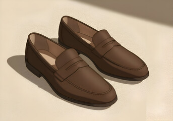 Naklejka premium Brown leather loafers for a professional man in a neutral setting. Pair of classic loafers resting on a light beige surface.