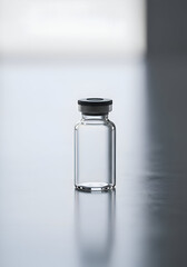 Empty glass vial with black cap in a laboratory setting. Medical supply, no people, in a sterile laboratory environment.