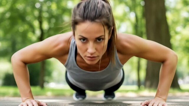Woman doing push up exercise outdoors in park. Sport physical activity for body strength, fitness training concept for healthy lifestyle.