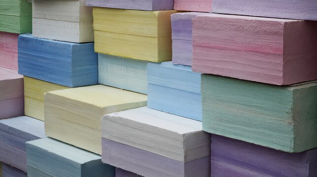 Colorful blocks of light materials stacked in a creative arrangement at a craft workshop during daylight hours