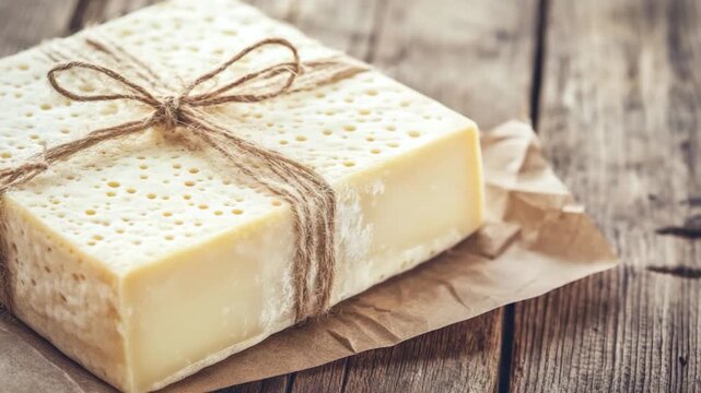 A block of cheese tied with twine, rests on paper and a rustic wooden surface