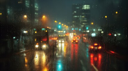 Obraz premium City streets at night show cars and buses moving through rain with bright lights shining on wet surfaces