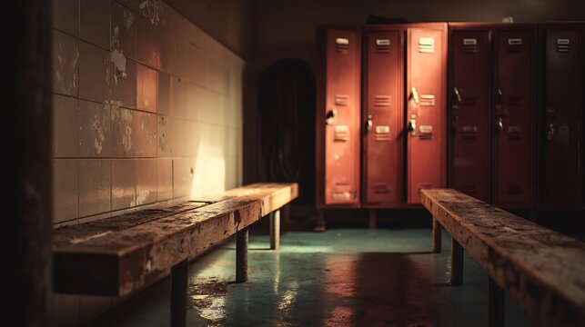 Dimly Lit Locker Room Interior With Wooden Benches.