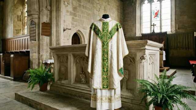 Chasuble and alb vestments display in stone church interior with wooden pews and altar, a religious apparel concept