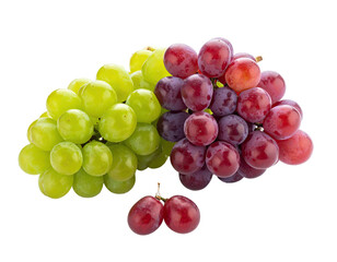 Naklejka premium Two bunches of grapes, green and red varieties, on black background