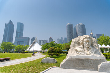 Fototapeta premium Beethoven monument an the park along the promenade in Qingdao, China