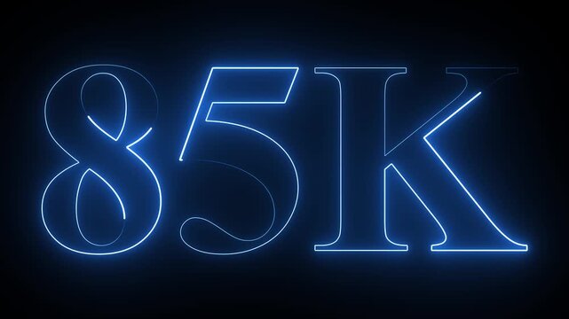 Neon glowing 85k Ultra HD icon isolated on black background, 85K followers. animation in Easy to put into any video. 4k animation video.