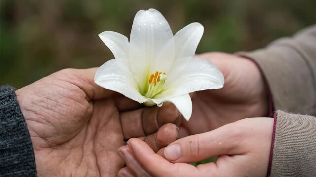 Man holds white easter lily flower, womans hand approaches, then embraces, symbolizing care, purity, and a religious devotion